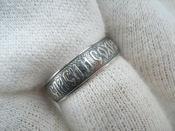 Vintage 925 Sterling Silver band with Christian prayer text on the oxidized background decorated with old believers cross. Item number RI001618. Picture 12