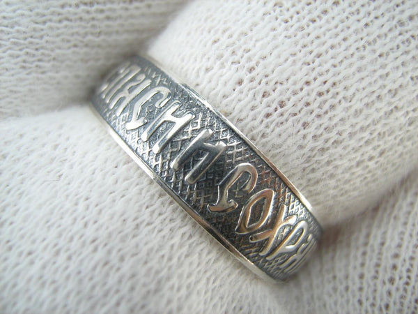 Vintage 925 Sterling Silver band with Christian prayer text on the oxidized background decorated with old believers cross. Item number RI001618. Picture 10