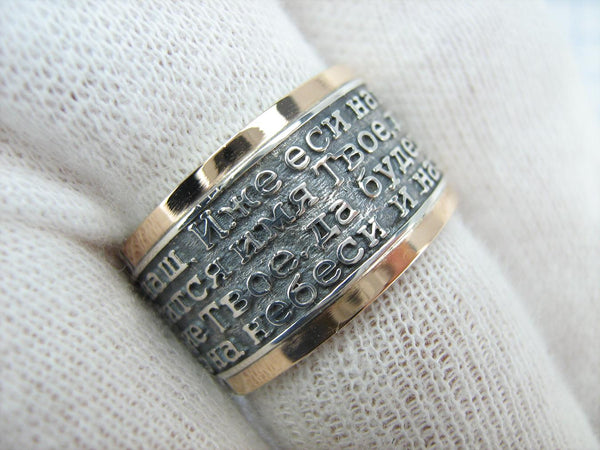 925 Sterling Silver and 375 gold wide band with Lord’s prayer Cyrillic text inside and outside the ring, decorated with oxidized finish and cross image. Item code RI001909. Picture 15