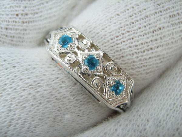 New and never worn solid 925 Sterling Silver oxidized ring with Christian prayer inscription and blue stones. Item number MD001555. Picture 4