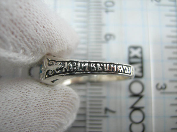 New and never worn solid 925 Sterling Silver oxidized ring with Christian prayer inscription and blue stones. Item number MD001432. Picture 6