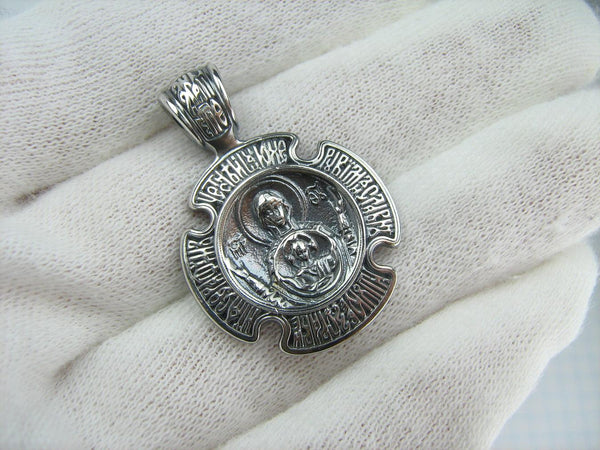 925 Sterling Silver icon pendant and cross medal with Christian prayer inscription depicting icons of Holy Trinity and Theotocos of the Sign. Item number MD001703. Picture 3