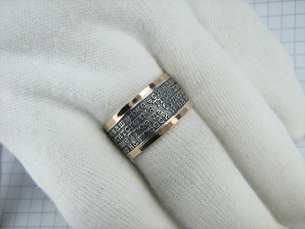 925 Sterling Silver and 375 gold wide band with Lord’s prayer Cyrillic text inside and outside the ring, decorated with oxidized finish and cross image. Item code RI001914. Picture 16