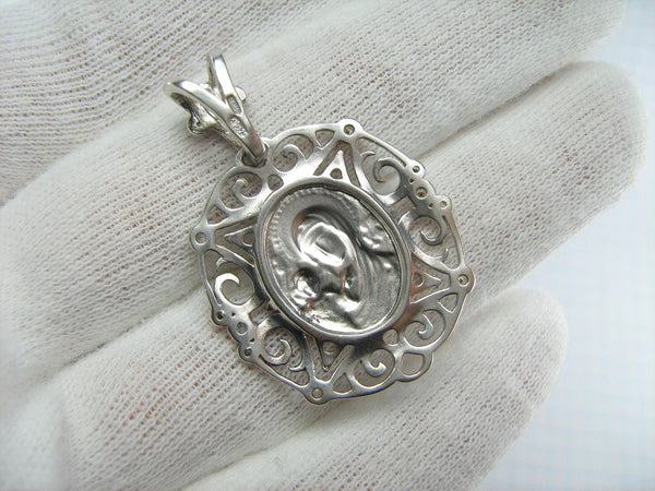 925 Sterling Silver pendant and medal of Kazan icon of Mother of God and Jesus Christ in the openwork frame decorated with stones. Item code MD001527. Picture 3