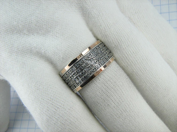 925 Sterling Silver and 375 gold wide band with Lord’s prayer Cyrillic text inside and outside the ring, decorated with oxidized finish and cross image. Item code RI001918. Picture 16