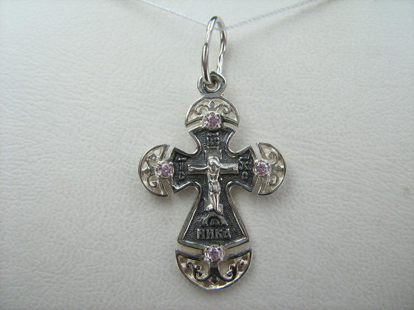 925 Sterling Silver Cross Pendant Crucifix Prayer Scripture Rose Pink Stones Vintage Christian Church Fine and Faith Jewelry CR001088