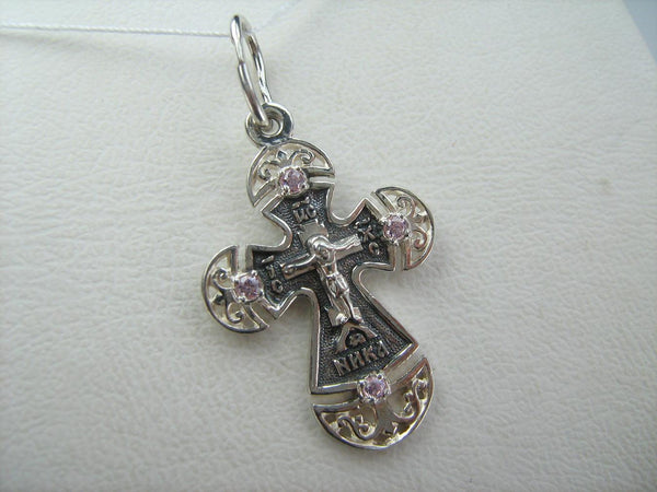 925 Sterling Silver Cross Pendant Crucifix Prayer Scripture Rose Pink Stones Vintage Christian Church Fine and Faith Jewelry CR001088