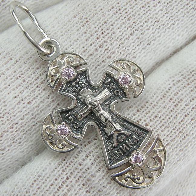 925 Sterling Silver Cross Pendant Crucifix Prayer Scripture Rose Pink Stones Vintage Christian Church Fine and Faith Jewelry CR001088