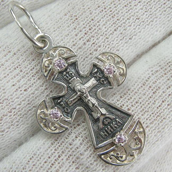 925 Sterling Silver Cross Pendant Crucifix Prayer Scripture Rose Pink Stones Vintage Christian Church Fine and Faith Jewelry CR001088