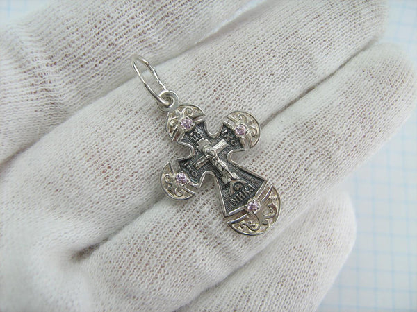 925 Sterling Silver Cross Pendant Crucifix Prayer Scripture Rose Pink Stones Vintage Christian Church Fine and Faith Jewelry CR001088