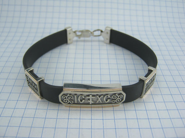 925 Sterling Silver and 375 Gold black caoutchouc bracelet with 3 Christian charms. Item number BT000037. Picture 19