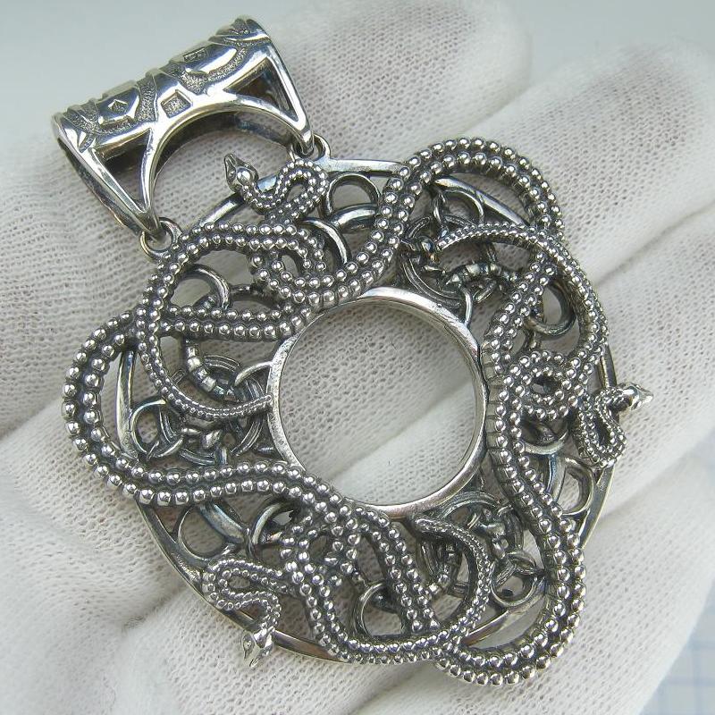 SOLID 925 Sterling Silver Pendant Snakes Openwork Pattern Large Statement Trinity Oxidized New Fine Jewelry PN001924