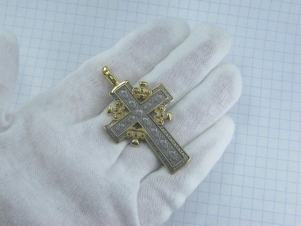 Solid 925 Sterling Silver and Gold Plated heavy Golgotha cross pendant of steering wheel design with Christian prayer scripture. Picture 15