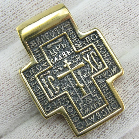 Ciondolo a forma di croce dei vecchi credenti in argento sterling 925 massiccio placcato oro con testo di preghiera amuleto gioiello vintage della chiesa cristiana CR001050
