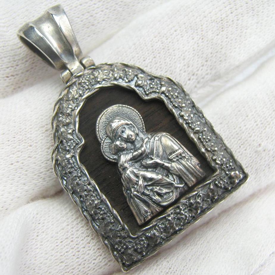 925 Sterling Silver Icon Pendant Mother of God Mary of Vladimir Tenderness Wood Vintage Christian Church Fine Faith Jewelry MD001610