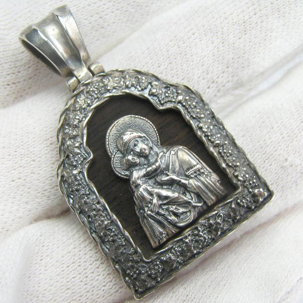 925 Sterling Silver Icon Pendant Mother of God Mary of Vladimir Tenderness Wood Vintage Christian Church Fine Faith Jewelry MD001610