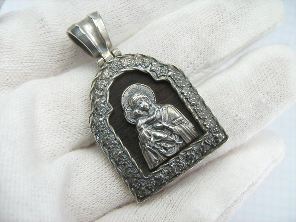 925 Sterling Silver Icon Pendant Mother of God Mary of Vladimir Tenderness Wood Vintage Christian Church Fine Faith Jewelry MD001610