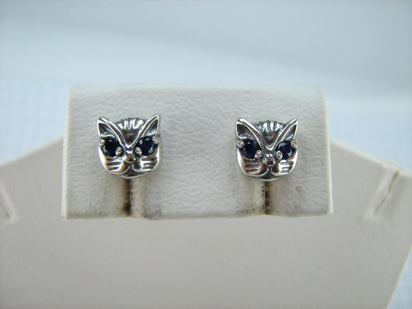 SOLID 925 Sterling Silver Earrings Cats with Blue Eyes Screw Backs Small Studs Posts Closure Push Back New Fine Jewelry ER000217