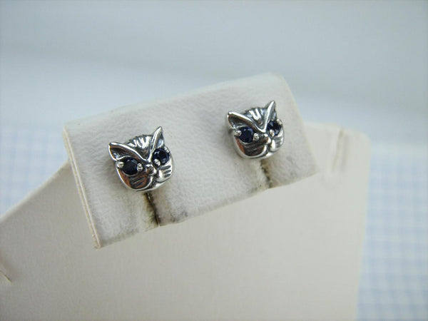 SOLID 925 Sterling Silver Earrings Cats with Blue Eyes Screw Backs Small Studs Posts Closure Push Back New Fine Jewelry ER000217