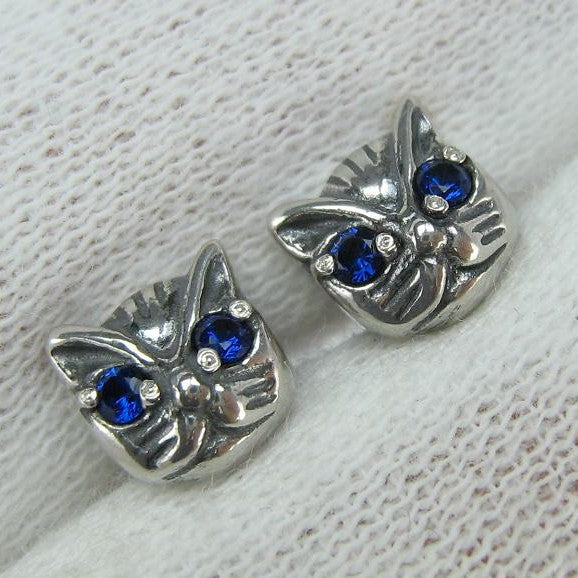 SOLID 925 Sterling Silver Earrings Cats with Blue Eyes Screw Backs Small Studs Posts Closure Push Back New Fine Jewelry ER000217