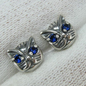 SOLID 925 Sterling Silver Earrings Cats with Blue Eyes Screw Backs Small Studs Posts Closure Push Back New Fine Jewelry ER000217