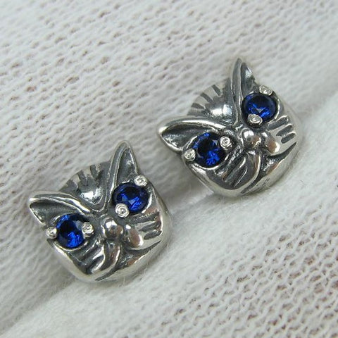 SOLID 925 Sterling Silver Earrings Cats with Blue Eyes Screw Backs Small Studs Posts Closure Push Back New Fine Jewelry ER000217