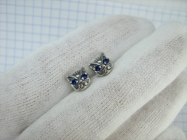 SOLID 925 Sterling Silver Earrings Cats with Blue Eyes Screw Backs Small Studs Posts Closure Push Back New Fine Jewelry ER000217
