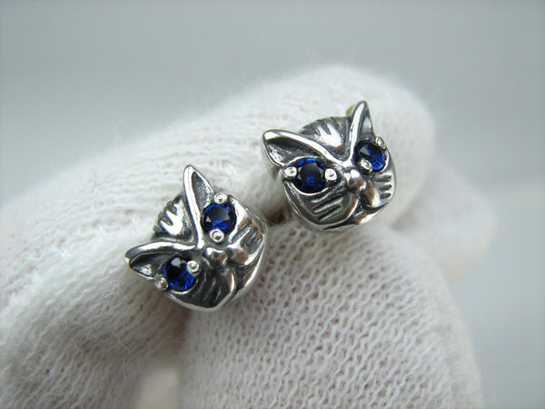 SOLID 925 Sterling Silver Earrings Cats with Blue Eyes Screw Backs Small Studs Posts Closure Push Back New Fine Jewelry ER000217