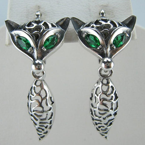 SOLID 925 Sterling Silver Earrings Fox Dangling Tails Green Eyes Latch Back Snap Closure New Fine Jewelry ER000220