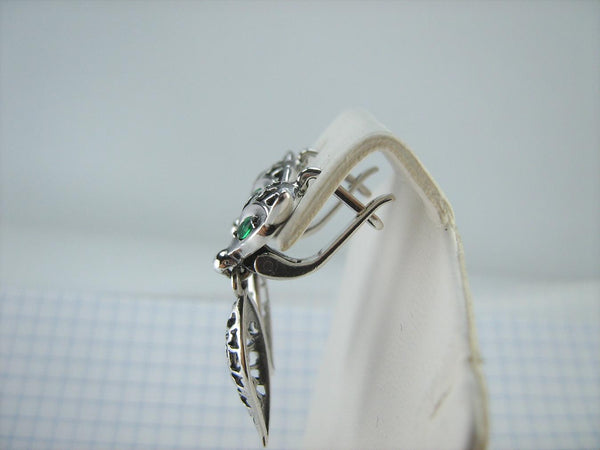 SOLID 925 Sterling Silver Earrings Fox Dangling Tails Green Eyes Latch Back Snap Closure New Fine Jewelry ER000220