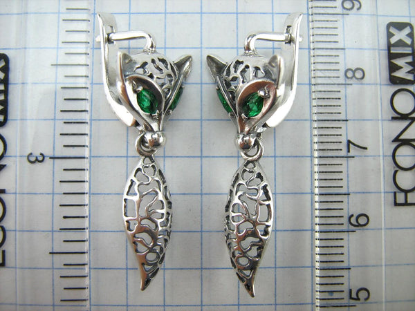 SOLID 925 Sterling Silver Earrings Fox Dangling Tails Green Eyes Latch Back Snap Closure New Fine Jewelry ER000220