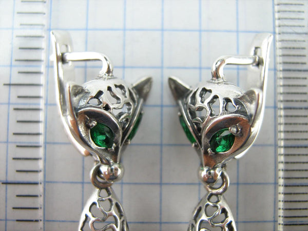 SOLID 925 Sterling Silver Earrings Fox Dangling Tails Green Eyes Latch Back Snap Closure New Fine Jewelry ER000220