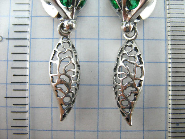 SOLID 925 Sterling Silver Earrings Fox Dangling Tails Green Eyes Latch Back Snap Closure New Fine Jewelry ER000220