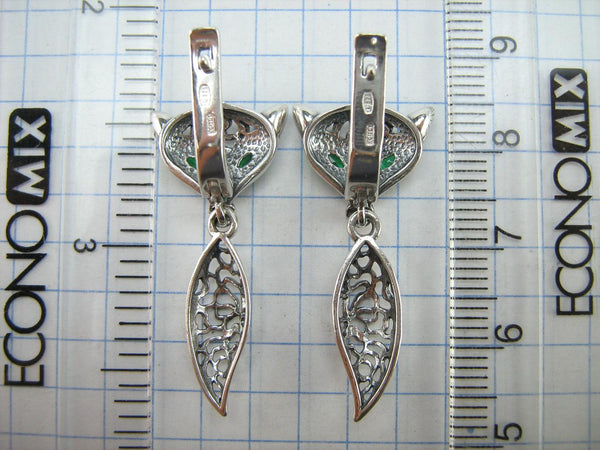 SOLID 925 Sterling Silver Earrings Fox Dangling Tails Green Eyes Latch Back Snap Closure New Fine Jewelry ER000220