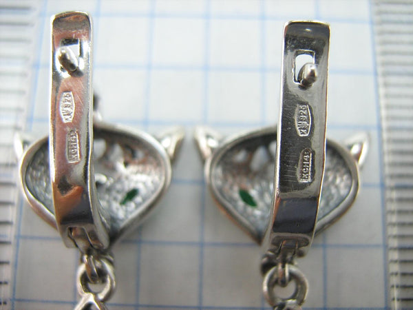 SOLID 925 Sterling Silver Earrings Fox Dangling Tails Green Eyes Latch Back Snap Closure New Fine Jewelry ER000220