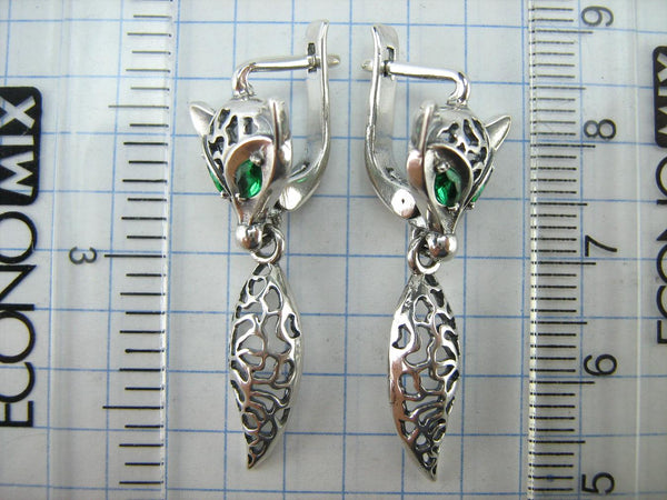 SOLID 925 Sterling Silver Earrings Fox Dangling Tails Green Eyes Latch Back Snap Closure New Fine Jewelry ER000220