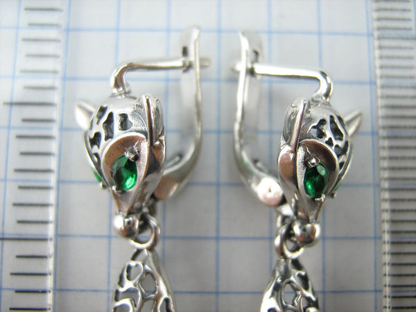 SOLID 925 Sterling Silver Earrings Fox Dangling Tails Green Eyes Latch Back Snap Closure New Fine Jewelry ER000220