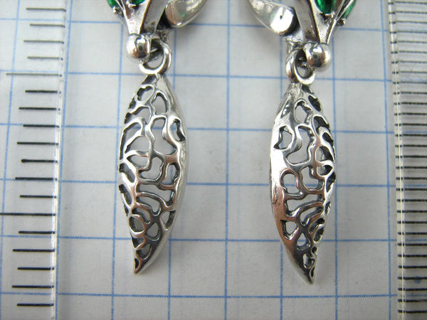 SOLID 925 Sterling Silver Earrings Fox Dangling Tails Green Eyes Latch Back Snap Closure New Fine Jewelry ER000220