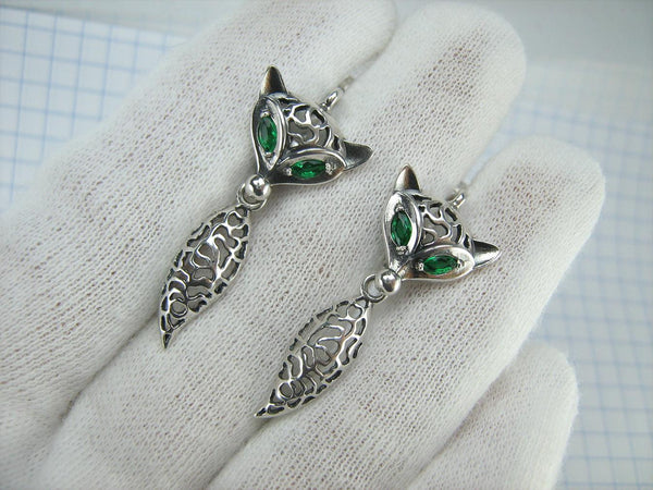 SOLID 925 Sterling Silver Earrings Fox Dangling Tails Green Eyes Latch Back Snap Closure New Fine Jewelry ER000220