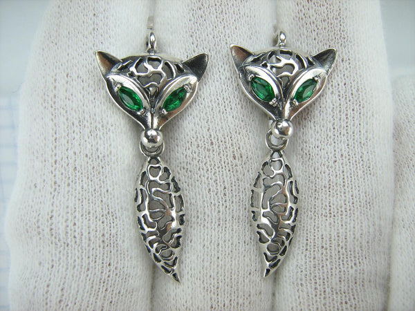 SOLID 925 Sterling Silver Earrings Fox Dangling Tails Green Eyes Latch Back Snap Closure New Fine Jewelry ER000220