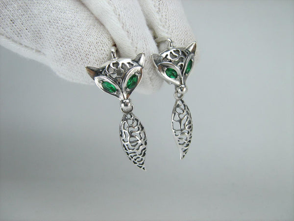 SOLID 925 Sterling Silver Earrings Fox Dangling Tails Green Eyes Latch Back Snap Closure New Fine Jewelry ER000220