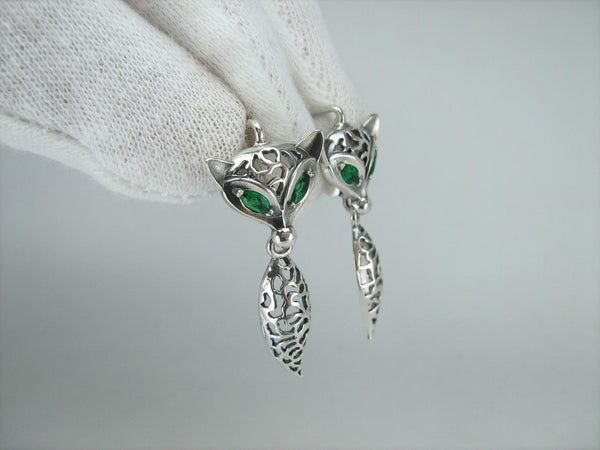SOLID 925 Sterling Silver Earrings Fox Dangling Tails Green Eyes Latch Back Snap Closure New Fine Jewelry ER000220