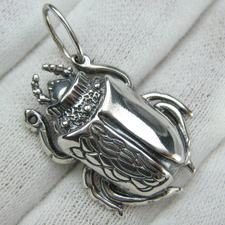 SOLID 925 Sterling Silver Pendant Necklace Scarab Oxidized Patten Egypt Symbol Large Bug Amulet New Fine Jewelry PN001926