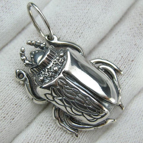 SOLID 925 Sterling Silver Pendant Necklace Scarab Oxidized Patten Egypt Symbol Large Bug Amulet New Fine Jewelry PN001926