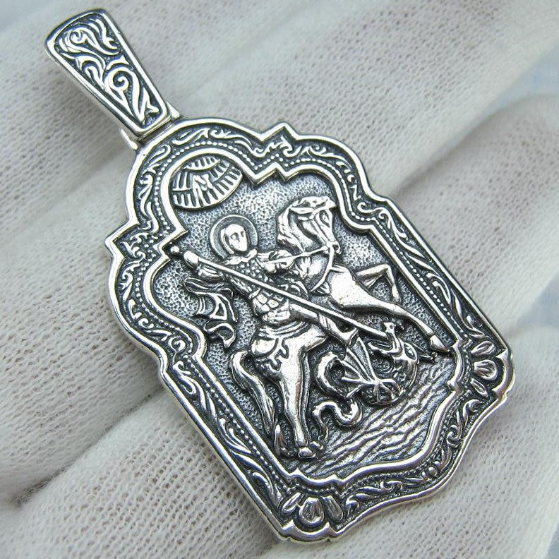 SOLID 925 Sterling Silver Icon Pendant Medal Necklace Saint George Victory Dragon Slayer New Christian Church Fine and Faith Jewelry MD001927