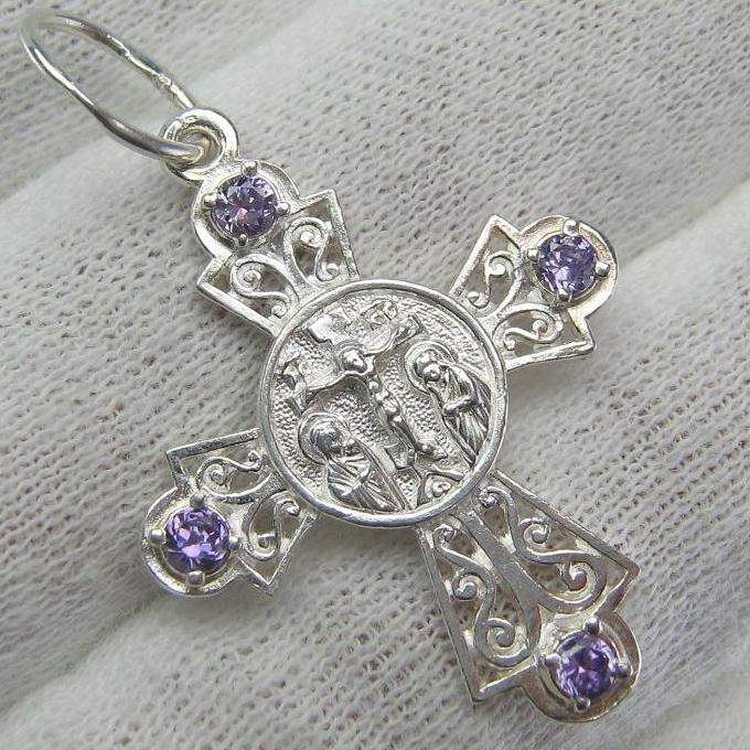 925 Sterling Silver Cross Pendant Prayer Jesus Christ Crucifix Purple CZ Stones New Christian Church Fine and Faith Jewelry CR000868