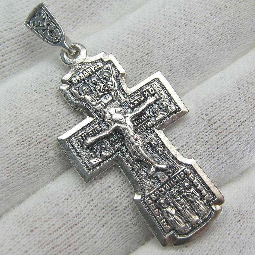 925 Sterling Silver Cross Pendant Crucifix Angels Saints Oxidized Prayer Text Vintage Christian Church Fine and Faith Jewelry CR000996