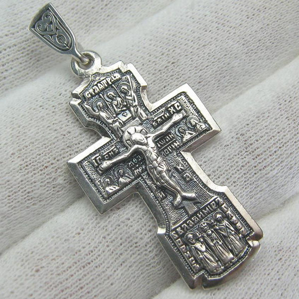 925 Sterling Silver Cross Pendant Crucifix Angels Saints Oxidized Prayer Text Vintage Christian Church Fine and Faith Jewelry CR000996
