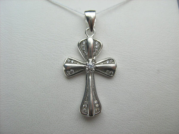 925 Sterling Silver Cross Pendant Necklace CZ Stones Gems Stylized Lovely Vintage Christian Church Fine & Faith Jewelry CR000781