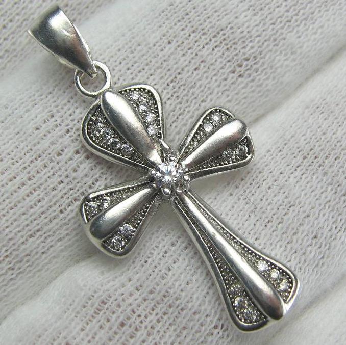 925 Sterling Silver Cross Pendant Necklace CZ Stones Gems Stylized Lovely Vintage Christian Church Fine & Faith Jewelry CR000781